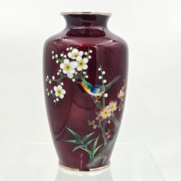 Vintage Japanese Ginbari Cloisonné Vase 1950s Cherry Blossom Pigeon Blood Red - Picture 2 of 6